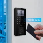 Hikvision DS-K1T807MBFWX-QRE1 fingerprint QR code reader mounted at building entrance